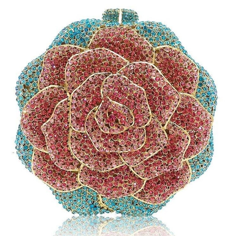 Sparkling Rose Flower Luxury Crystal Evening Bag Clutch Purse NWT